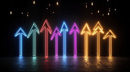Fototapete - Sleek and Energetic Abstract Featuring Beams of Neon Colored Light Forming Dynamic Upward Pointing Arrow Shapes Against a Dark Background