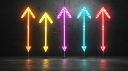 Fototapete - Sleek and energetic composition featuring beams of vibrant neon light forming striking upward pointing arrows against a dark backdrop creating a modern futuristic and visually captivating design