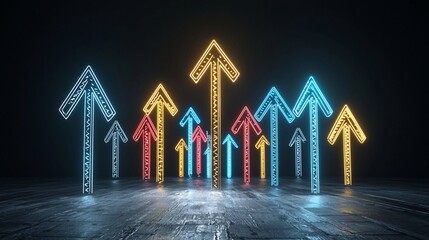 Aufkleber - Vibrant and dynamic of glowing light beams forming upward pointing arrows on a dark futuristic background creating a sense of momentum progress and technological innovation
