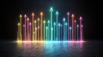 Poster - Striking visual of radiant beams of light in vivid colors shaped as powerful upward aiming arrows against a sleek black background symbolizing boundless potential