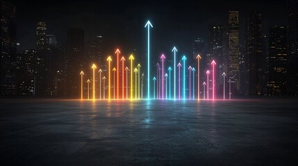 Aufkleber - Mesmerizing abstract composition featuring radiant beams of light in vivid colorful hues shaped as sleek dynamic arrows aiming upward against a dark powerful background