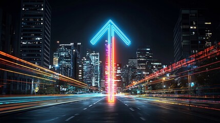 Poster - Vibrant beams of glowing light in a range of vivid colors forming an upward pointing arrow shape against a dark black background
