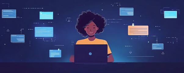 Poster - Digital concept of a person using a laptop with cloud storage icons and file pages in the background, symbolizing the flow of data across devices, Generative AI
