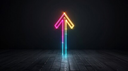 Poster - A sleek arrow composed of vibrant glowing beams in multiple colors pointing upwards and giving a fast energetic and futuristic impression against a black background  The arrow symbolizes progress