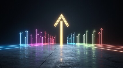 Leinwandbilder - Sleek and modern arrow pointing upwards created by glowing beams in multiple vibrant colors on a black background giving a fast energetic and futuristic impression