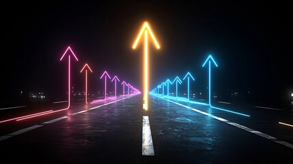 Leinwandbilder - Sleek and dynamic arrow shape created by vibrant beams of light in multiple colors pointing upward on a dark background conveying a sense of energy momentum