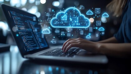 Poster - Illustration of a person on a laptop with cloud storage icons and digital files in the background, symbolizing the transfer of data over the internet, Generative AI