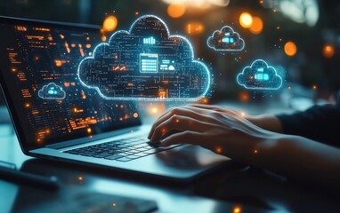 Poster - Illustration of a person using a laptop, cloud storage icons and digital file pages floating, symbolizing data synchronization and transfer across devices, Generative AI