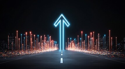 Fototapete - Vibrant glowing beams forming an upward pointing arrow symbol representing speed motion and technological innovation on a pure black background