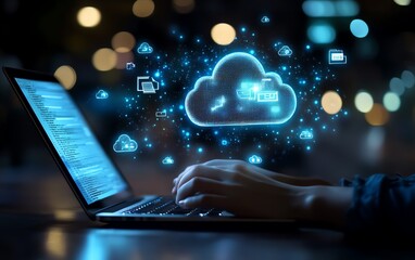 Poster - Illustration of a person using a laptop, cloud storage icons and digital file pages floating, symbolizing data synchronization and transfer across devices, Generative AI