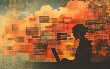 Poster - Illustration of a person using a laptop, cloud storage icons and digital file pages floating, symbolizing data synchronization and transfer across devices, Generative AI