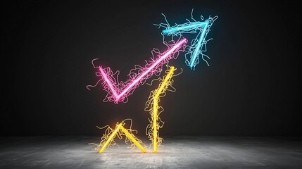 Poster - Vivid colorful beam shaped arrow pointing upward against a dark background conveying a sense of swift energetic motion and dynamic forward moving trajectory or pathway