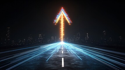Leinwandbilder - Dramatic abstract image of an upward pointing arrow formed by bright glowing beams against a dark background conveying a sense of rapid movement energy and progression