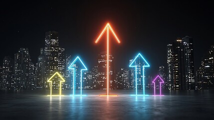 Poster - A striking visual representation of a dynamic upward pointing arrow formed by vibrant glowing beams against a dark background conveying a sense of rapid kinetic movement and energy