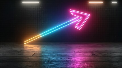 Fototapete - Neon Glowing Upward Arrow Pointing Dynamic Abstract Futuristic Digital Motion Design Element  Shimmering Luminescent Incandescent Iridescent