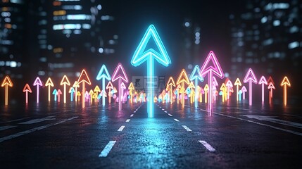 Leinwandbilder - Vibrant Neon Beams of Light Forming a Fast Moving Arrow Pointing Upward with a Sense of Energy and on a Sleek Dark Background