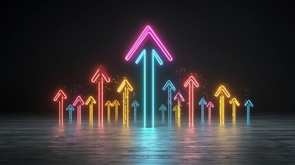 Fototapete - Upward pointing arrow composed of dynamic vibrant glowing beams against a dark background creating a sense of speed energy and forward momentum  This digital represents the concepts of progress