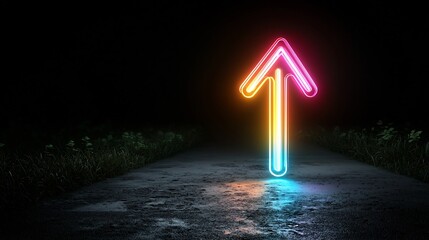 Leinwandbilder - Bright upward pointing arrow formed by vibrant glowing colorful beams against a dark background suggesting rapid motion and dynamic energy