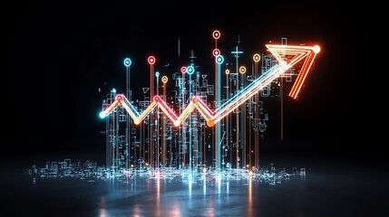Poster - Captivating graphic design featuring a dynamic upward facing arrow composed of bright colorful beams radiating a sense of speed and energy against a deep black background symbolizing progress growth