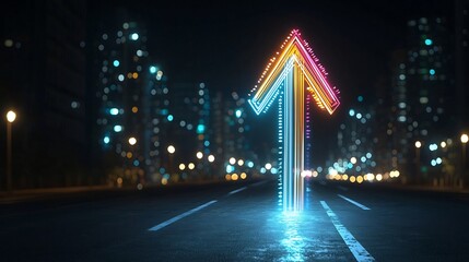 Poster - Striking abstract image featuring vibrant colorful beams of light forming an arrow shape that appears to be in motion and aimed upwards against a solid black backdrop conveying a sense of energy