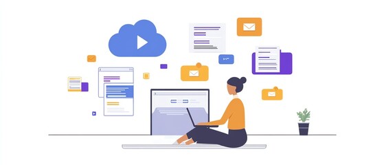 Poster - A person using a laptop with cloud storage icons on the screen and floating file pages in the background, symbolizing data transfer between devices over the internet, Generative AI