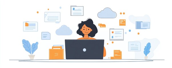 Poster - A person using a laptop with cloud storage icons on the screen and floating file pages in the background, symbolizing data transfer between devices over the internet, Generative AI