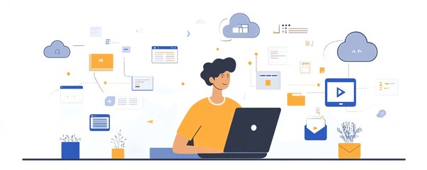 Poster - A person using a laptop with cloud storage icons on the screen and floating file pages in the background, symbolizing data transfer between devices over the internet, Generative AI