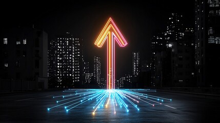 Leinwandbilder - Vibrant beams of light create an upward arrow glowing with bright colors and a feeling of swift motion on a black background  The dynamic energetic image conveys a sense of power momentum