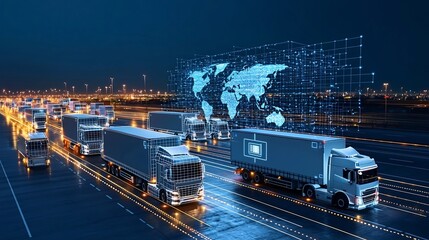 Fototapete - Illuminated digital trucks traveling across a glowing grid network at night showcasing the power of generative technology in international trade and commerce on a dark blue background