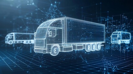 Fototapete - Abstract digital art depicting semi trailer trucks composed of glowing light elements floating above a dark blue network grid representing the power of generative to transform the logistics industry
