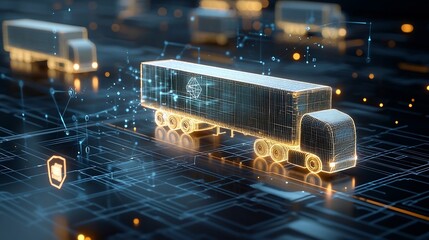 Fototapete - Abstract art showcasing semi trailer trucks made of light floating above a dark blue network grid representing the future of logistics powered by generative intelligence and advanced automation