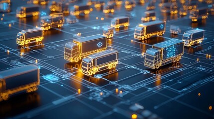 Poster - Digital art depicting glowing trucks navigating an interconnected grid