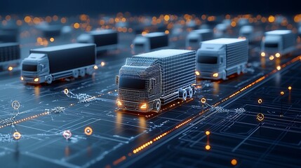 Fototapete - Abstract scene of illuminated trucks driving along a generative AI driven network grid representing the transformative power of technology in modern global logistics