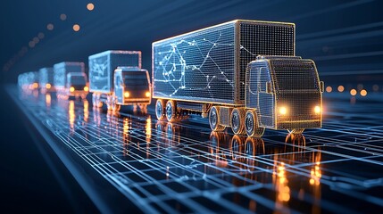 Fototapete - Futuristic digital art depicting semi trailer trucks made of glowing points delivering goods internationally over a network grid powered by generative technology on a dark blue background