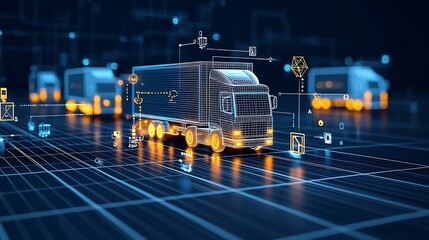 Fototapete - Abstract digital trucks illuminated by lines and points driving at night over a global network showcasing the future of logistics and generative on a dark blue grid background
