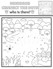 Canvas Print - Vector black and white dot-to-dot and color line activity with stegosaur, prehistoric scene. Dinosaur connect the dots game, coloring page. What is missing printable worksheet