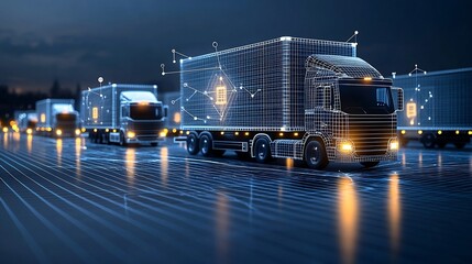 Fototapete - Abstract showcasing autonomous trucks illuminated by lines and points driving through a global digital logistics network under a dark blue grid background