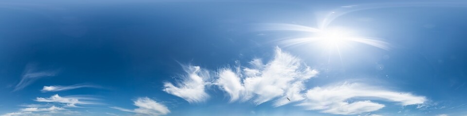 Wall Mural - Sky 360 panorama - Bright blue sky filled with fluffy white Cirrus clouds. Seamless hdr spherical 360 panorama. Sky dome sky replacement for aerial drone 360 panoramas. Weather and climate change