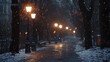 © lisa - Snowy Nighttime Street with Streetlights and Falling Snow