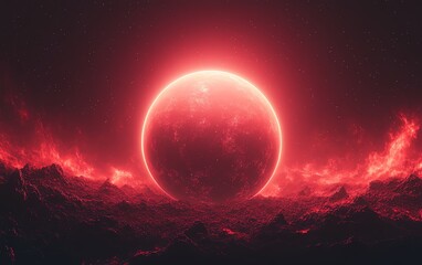 Wall Mural - a vibrant red gradient background with black hues, showcasing a glowing digital planet sphere in the