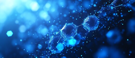 Abstract blue digital background with floating hexagons and data patterns, ideal for web banner designs in the technology and digital marketing space