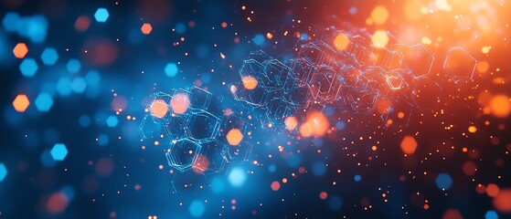 Abstract blue digital background with floating hexagons and data patterns, ideal for web banner designs in the technology and digital marketing space