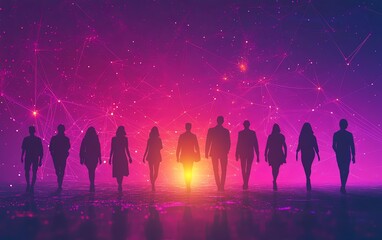 Poster - People silhouettes connected in a digital network on a purple background, illustrating unity and modern communication technology
