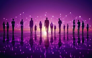 Poster - People silhouettes connected in a digital network on a purple background, illustrating unity and modern communication technology