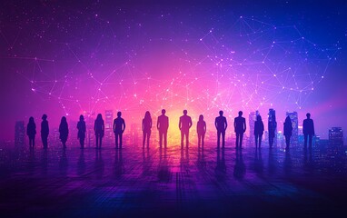 Poster - People silhouettes connected in a digital network on a purple background, illustrating unity and modern communication technology