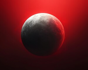 a digital planet sphere on a red background, with a smooth gradient of red and black, creating a cos