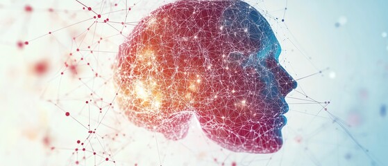 Poster - Colorful abstract brain with hexagons and intricate neural connections, set against a white background, futuristic mental health and AI concept