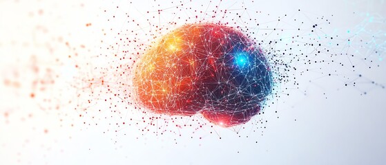 Poster - Colorful abstract brain with hexagons and intricate neural connections, set against a white background, futuristic mental health and AI concept