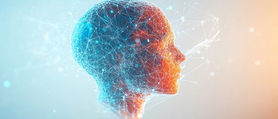Poster - Colorful abstract brain with hexagons and intricate neural connections, set against a white background, futuristic mental health and AI concept