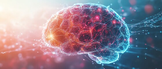 Poster - Colorful abstract brain with hexagons and intricate neural connections, set against a white background, futuristic mental health and AI concept